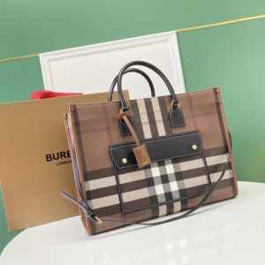 Burberry-Checked-Print-Tote-Bag-with-Leather-Accents-Brown-01A