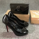 Christian Louboutin peep toe heels Black Red Christian Louboutin Black Patent Leather Peep Toe High Heels with Red Soles peep toe heels Size 12cm
