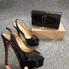 clutch black Black Patent Leather Peep Toe Platform Slingback Heels with Matching Clutch Bag shoes & bag Size 14Cm