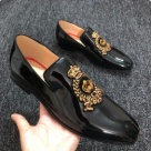 dress shoes Black Gold Men's Black Patent Leather Loafers with Gold Emblem dress shoes