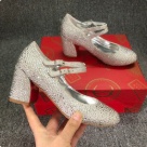 heels Silver Silver Rhinestone Double Strap Block Heel Party Shoes heels