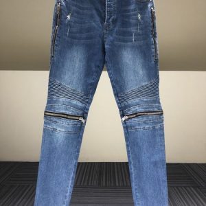 Men's Distressed Blue Denim Skinny Jeans with Zipper Details