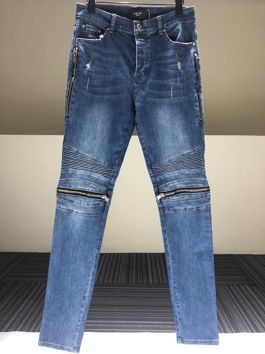 Men’s Distressed Blue Denim Skinny Jeans with Zipper Details