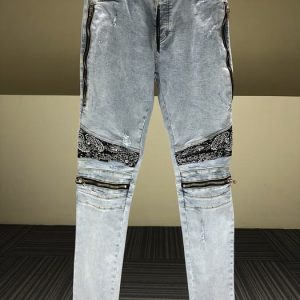 Men's Light Blue Denim Jeans with Bandana Print Detailing