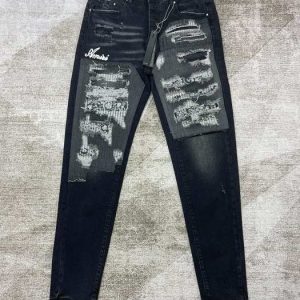 Amiri Men's Black Distressed Skinny Jeans with Embroidery