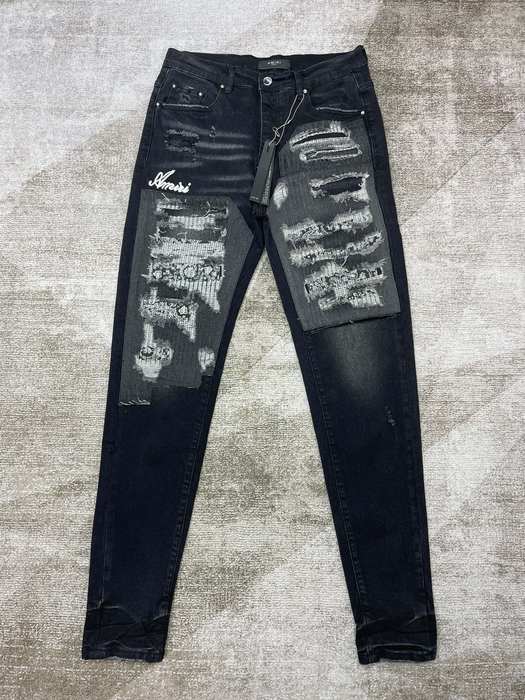 Amiri Men’s Black Distressed Skinny Jeans with Embroidery