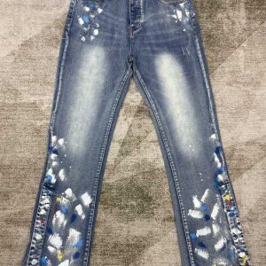 Artistic Blue Denim Flared Jeans with Colorful Paint Splashe