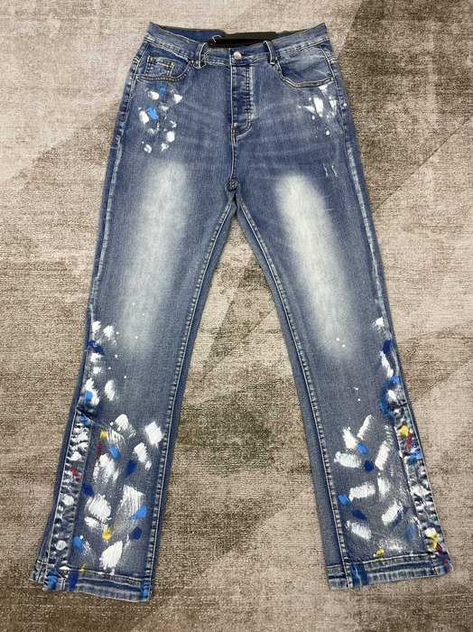 Artistic Blue Denim Flared Jeans with Colorful Paint Splashe