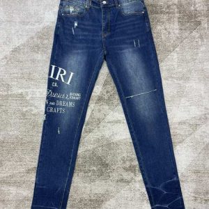 Men's Distressed Slim Fit Jeans in Dark Blue Casual Denim