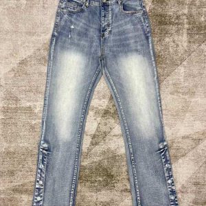 Men's Relaxed Fit Light Blue Distressed Jeans with Button Cu