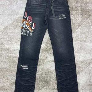 Men's Black Varsity Graphic Jeans with Tiger Embroidery Tr