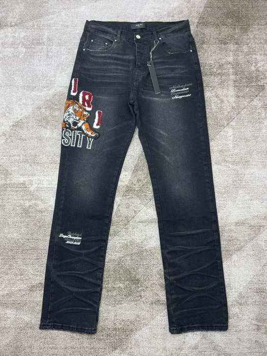 Men’s Black Varsity Graphic Jeans with Tiger Embroidery Tr