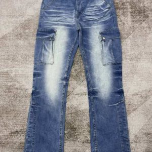 Men's Blue Cargo Jeans with Button Fly, Casual Denim Trouser