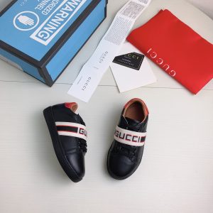 Gucci Black Leather Sneakers with Red Stripes for Kids