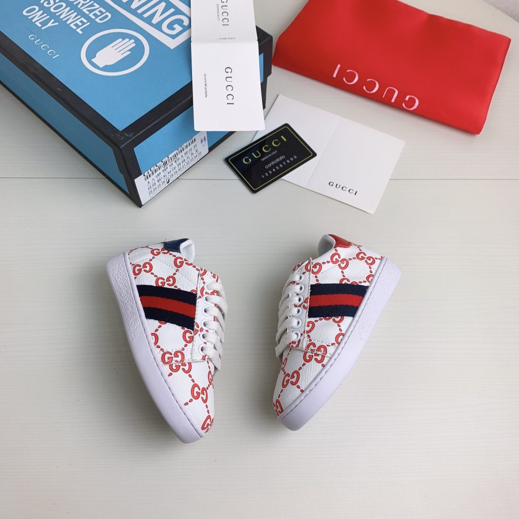Gucci Kids’ White GG Logo Sneakers with Red Stripe