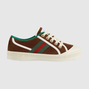 Gucci Brown Corduroy Sneakers with Green Red Stripe Accents