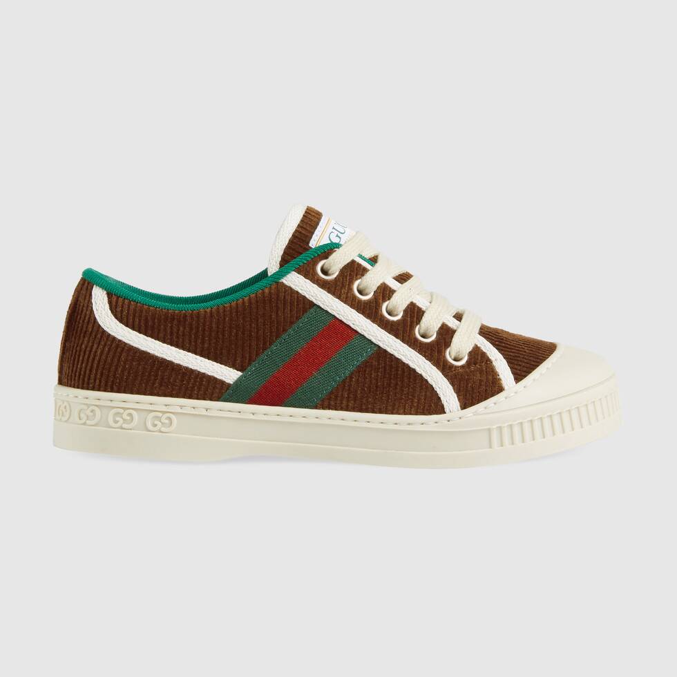 Gucci Brown Corduroy Sneakers with Green Red Stripe Accents