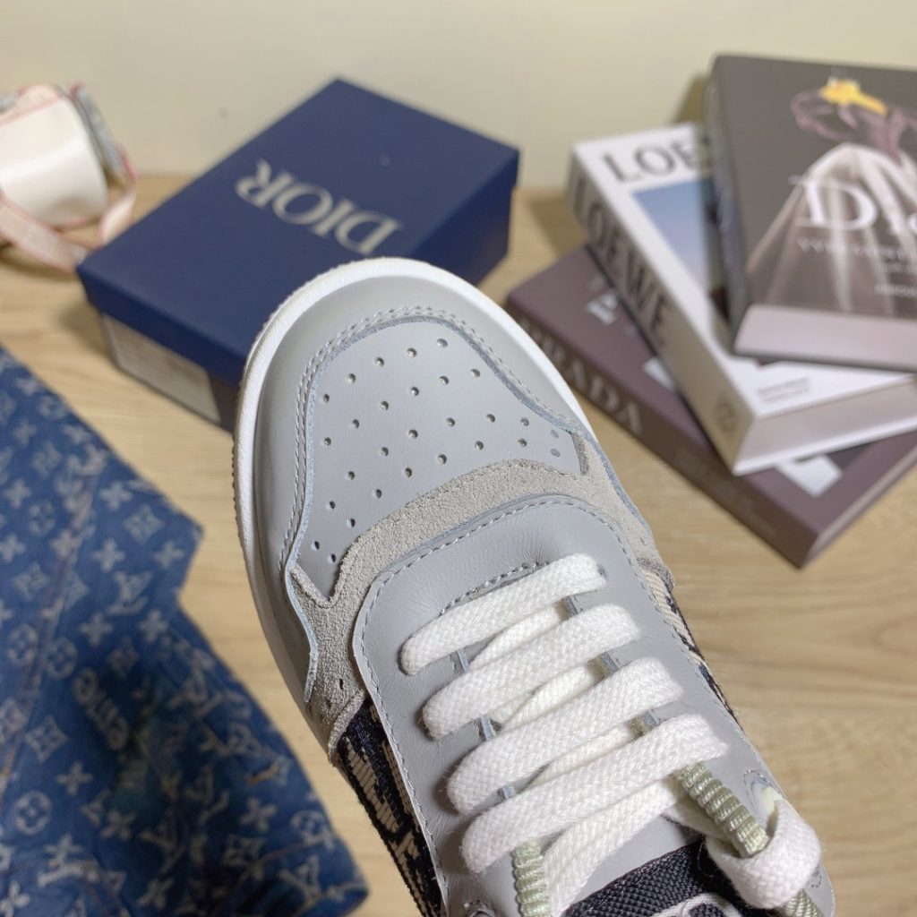 Dior Gray Leather Sneakers with Patterned Detailing