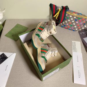 Gucci High Top Sneakers in Beige, Green & Red Canvas with Lo