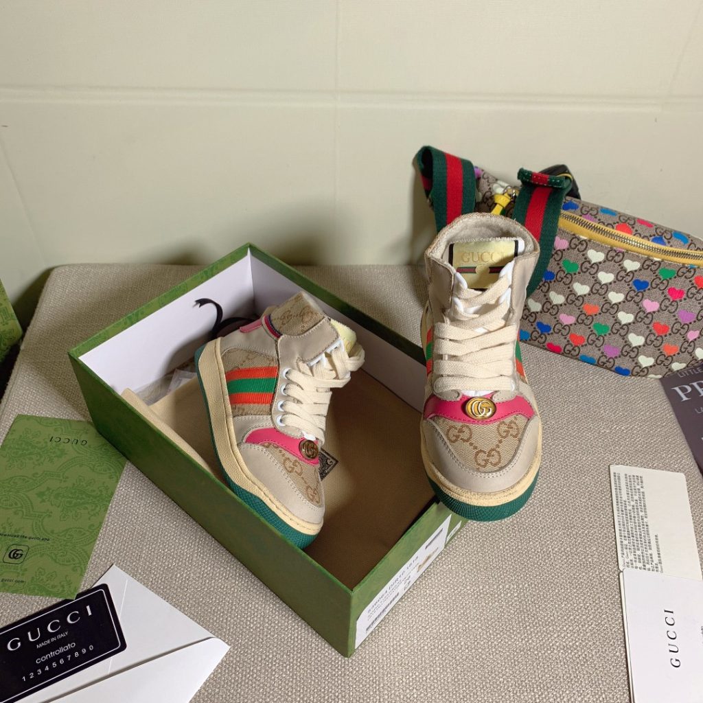 Gucci High Top Sneakers in Beige with Pink and Green Stripes