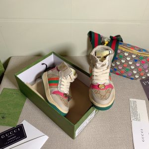 Gucci High Top Sneakers in Beige with Pink and Green Stripes