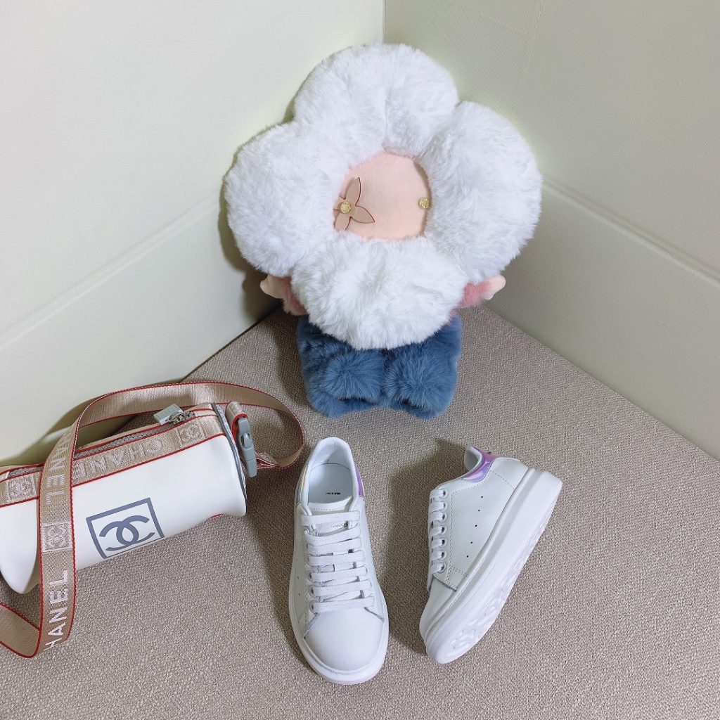 White Leather Sneakers with Purple Accent by Chanel