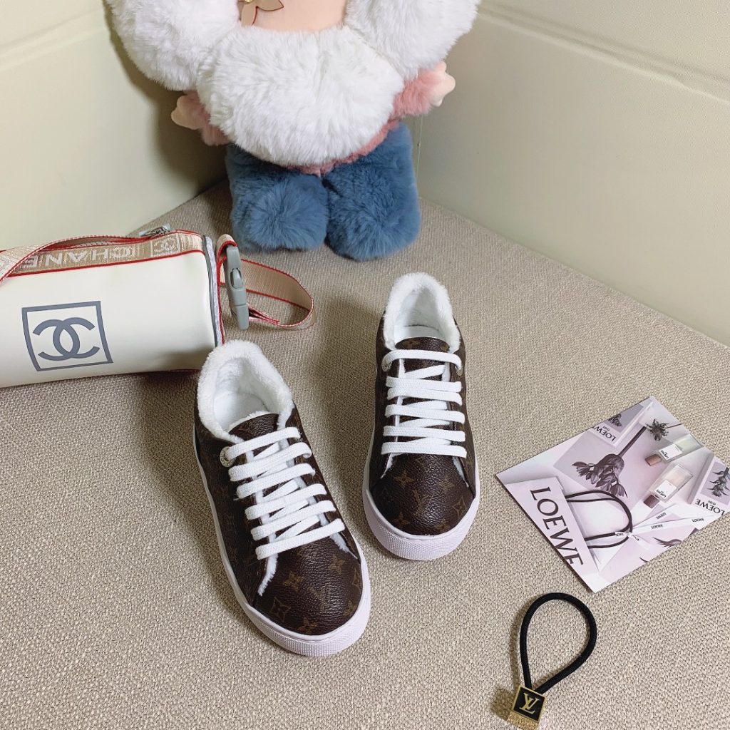 Louis Vuitton Brown Monogram Sneakers with White Fur Lining