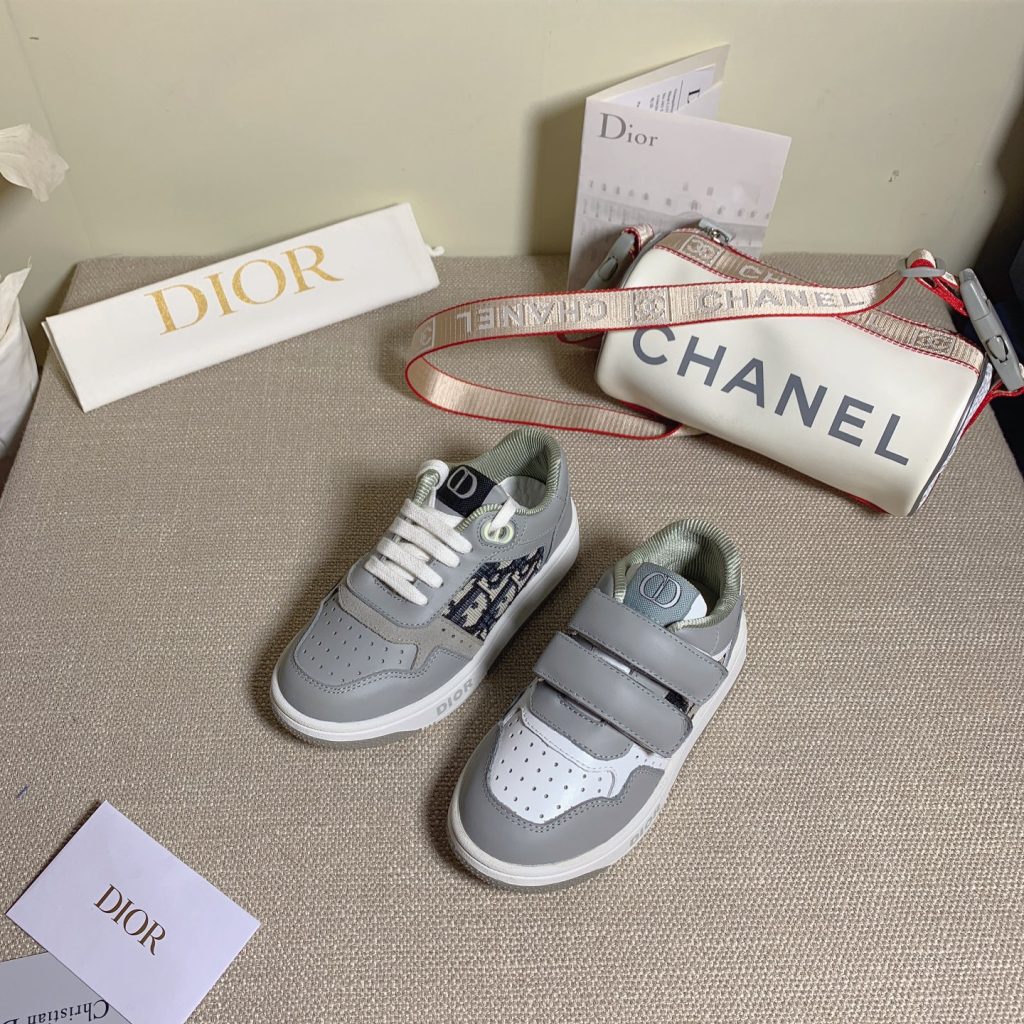 Dior Gray Leather Sneakers with Velcro Straps and Laces for