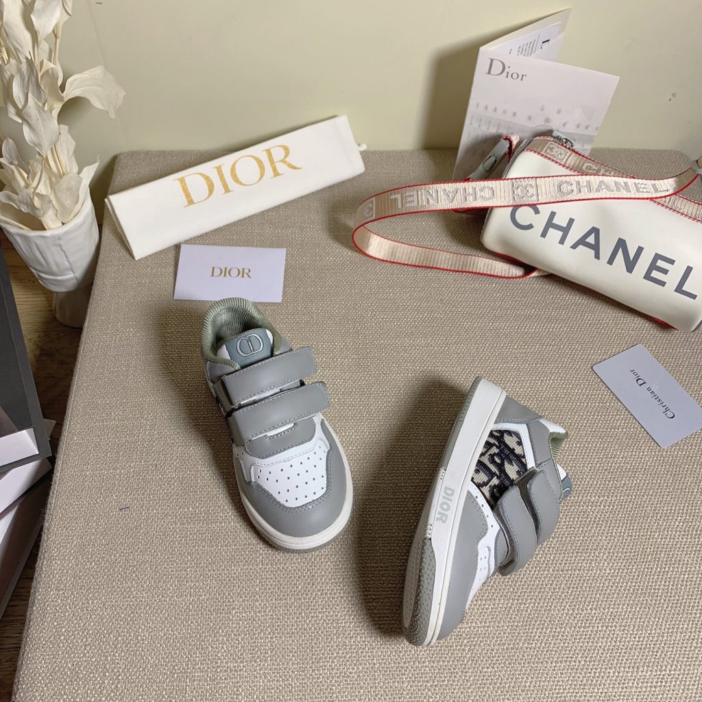 Dior Kids’ Grey Velcro Sneakers with Print Accents