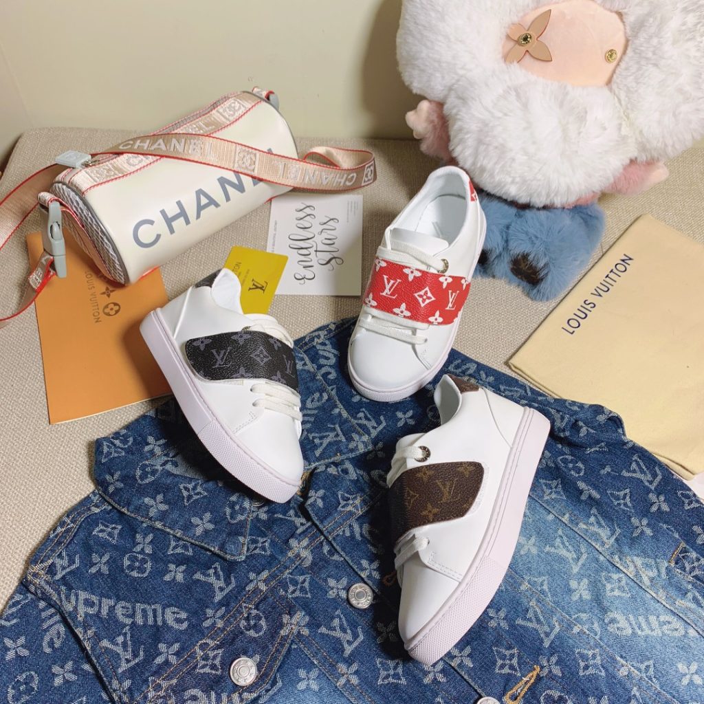 Louis Vuitton Canvas Sneakers in White with Red & Brown Stra