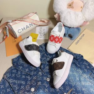 Louis Vuitton Canvas Sneakers in White with Red & Brown Stra