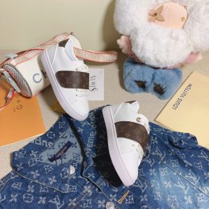 Louis Vuitton Women's White Sneakers with Brown Strap and Lo