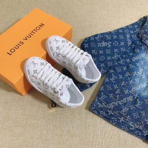Louis Vuitton White Monogram Sneakers with Denim Jacket