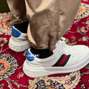 Gucci Men's White Leather Sneakers with Green and Red Stripe