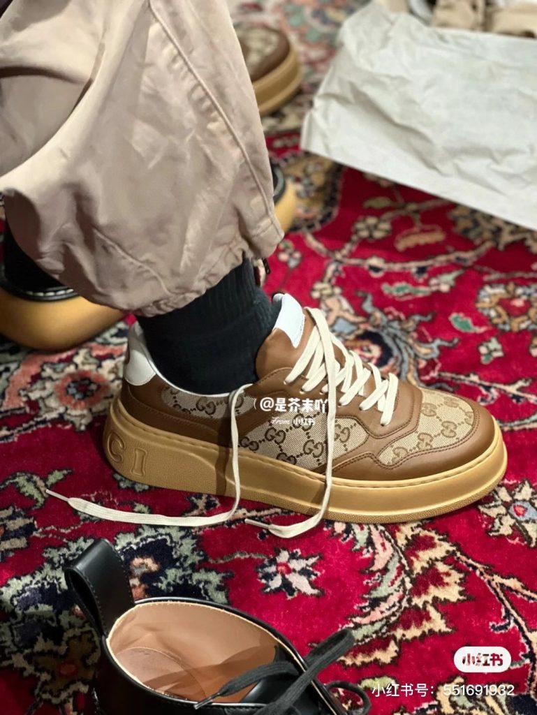 Gucci Brown Monogram Sneakers with Cream Laces and Chunky So