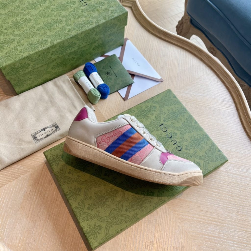 Gucci Women’s Canvas Sneakers, Beige with Pink and Blue Stri