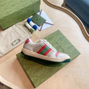 Gucci Women's Ace Sneakers, White with Green & Pink Stripes,