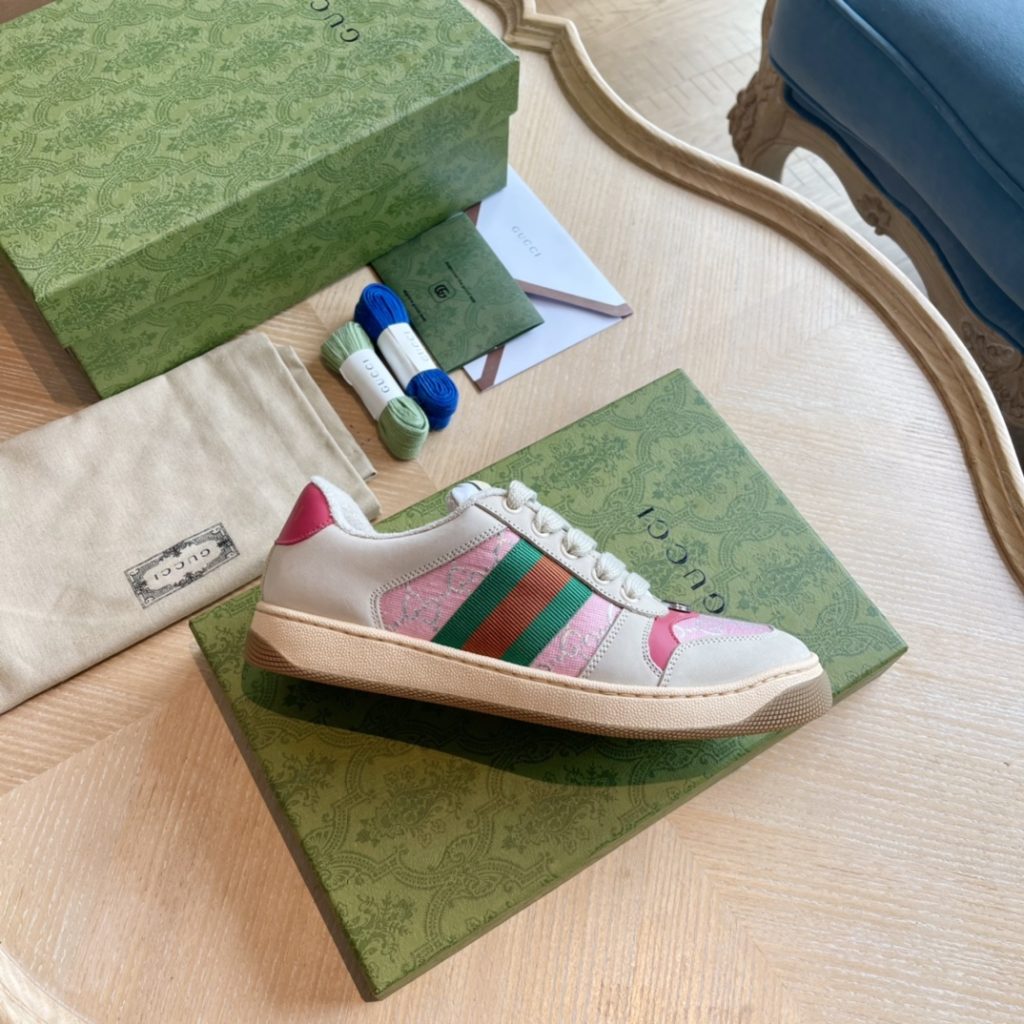 Gucci Women’s Pink & Green Canvas Sneakers with Logo Detail