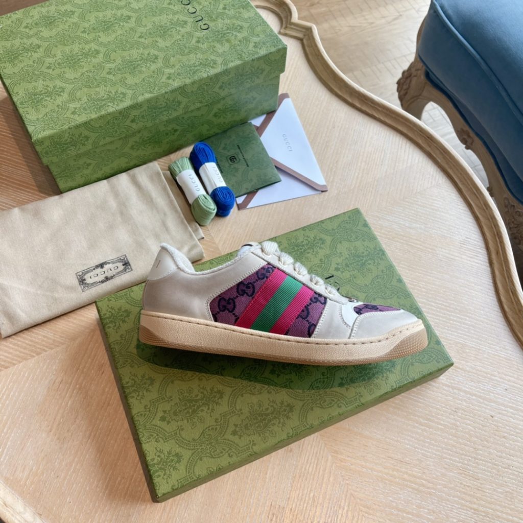 Gucci Men’s White Leather Sneakers with Purple and Green Log