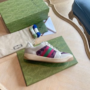 Gucci Men's White Leather Sneakers with Purple and Green Log