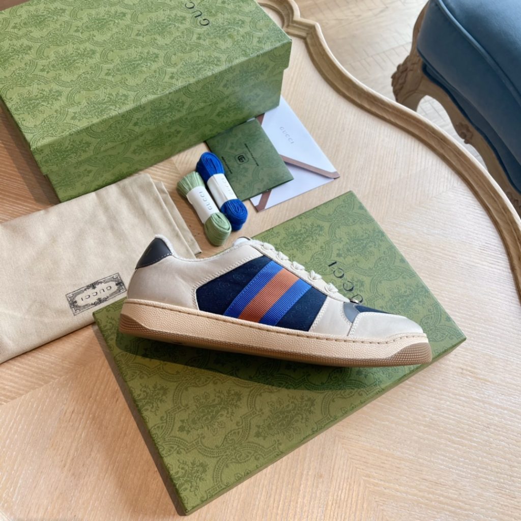Gucci Men’s Casual Sneakers, Beige with Blue & Orange Stripe
