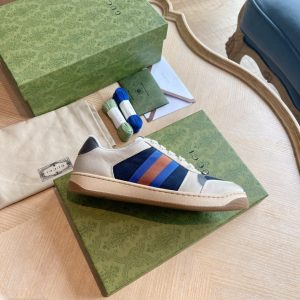 Gucci Men's Casual Sneakers, Beige with Blue & Orange Stripe