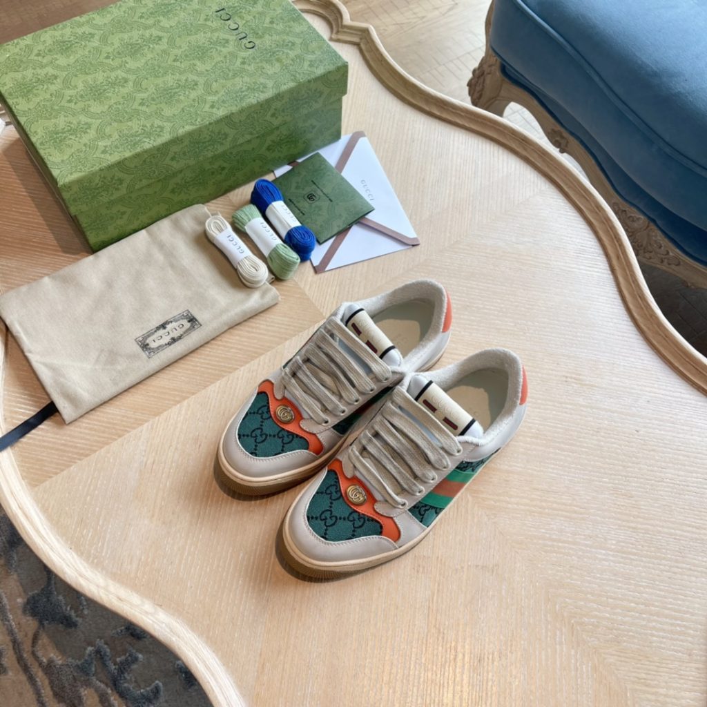 Gucci Ace Sneakers in Cream with Green and Orange Stripes