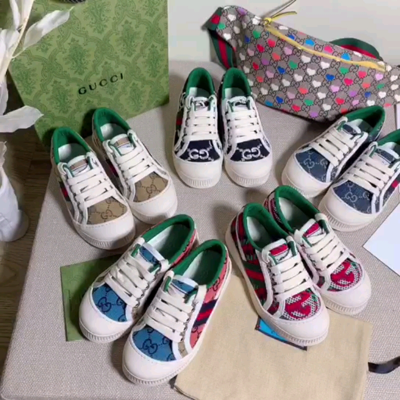 Gucci Kids’ Sneakers in Multi Patterned Canvas with Green Ac