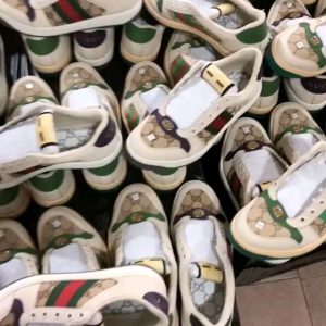 Gucci Men's Beige Green Sneakers with Signature Logo and Str