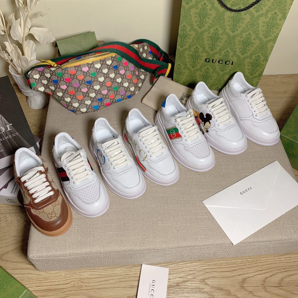 Gucci White Leather Sneakers with Colorful Accents and Logo