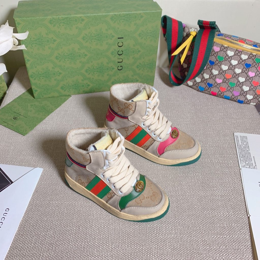 Gucci Canvas High Top Sneakers in Beige with Colorful Stripe