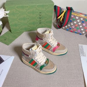 Gucci Canvas High Top Sneakers in Beige with Colorful Stripe