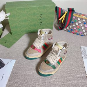 Gucci High Top Sneakers, Beige Canvas with Multicolor Accent