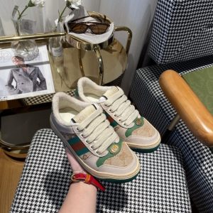 Gucci Beige and Green Suede Sneakers with Logo Detail